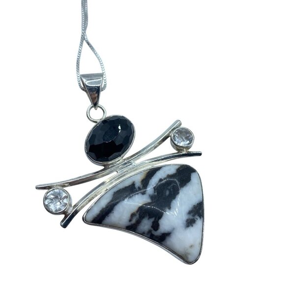 Sterling Silver 925 Zebra Jasper Quartz Pendant Necklace Signed SJ Modernist - Picture 1 of 11